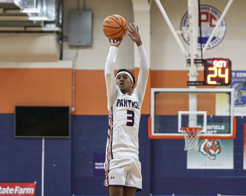 Oswego's Ethan Vahl (3) shoots from the top of the key during their basketball game between West Aurora at Oswego Monday, Nov 24, 2025 in Oswego.
