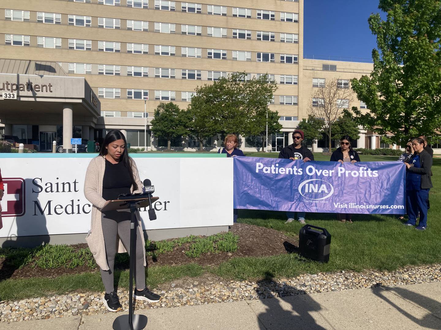 Cardiac nurse Amber Velasquez speaks at a press event against Prime Healthcare's management policies at St. Joseph Medical Center on Monday, May 4, 2026.