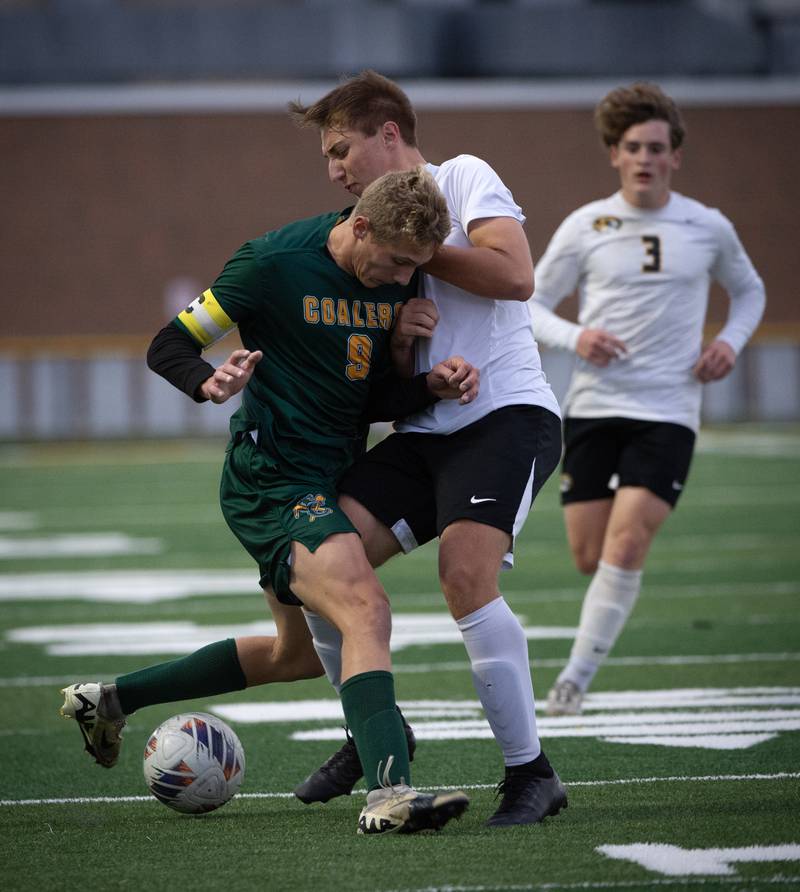 Coal City's Luke Munsterman, left, and Herscher's Cole Perry play the ball in a sectional game on Tuesday, October 28, 2025.