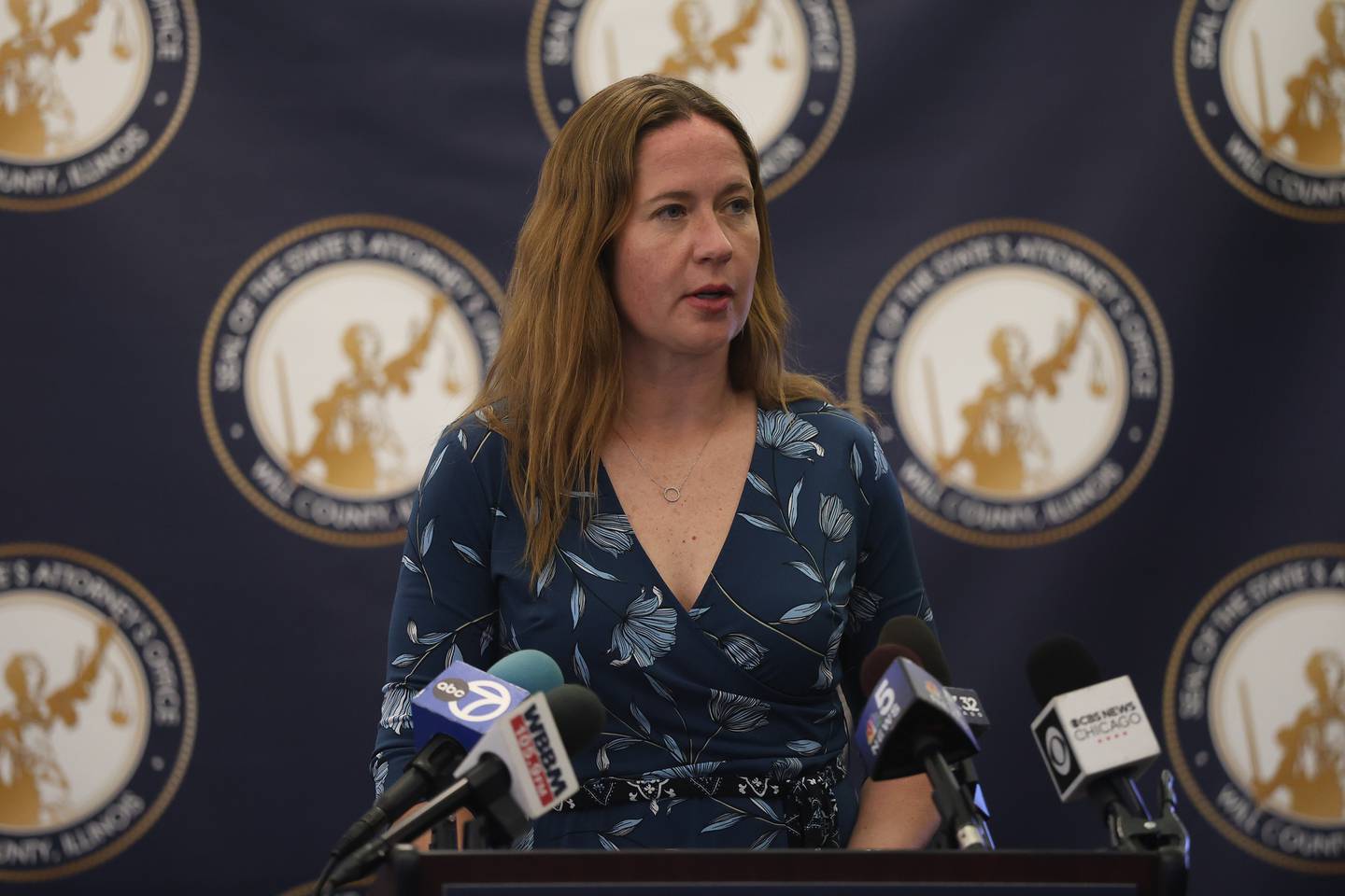 Will County Animal Protection Services Administrator Anna Payton speaks at a press conference regarding the brutal killing of six dogs in Crete Township on Monday, April 20, 2026 in Joliet.