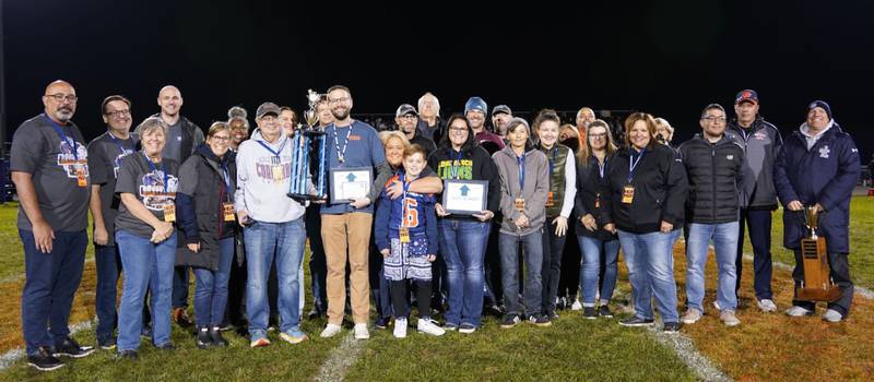 The Oswego School District 308 Board of Education, Superintendent Dr. Andalib Khelghati, and representatives from Allied First Bank, Aramark Food Services and the Kendall County Community Food Pantry were present at the 19th annual Crosstown Challenge Football Game where the winner of the previous school year’s Allied First Bank Crosstown Challenge along with results of the 10th annual SD 308 & Allied First Bank Food Drive were announced.