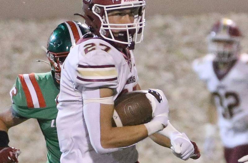 Morris's Jack Wheeler carries the football against L-P on Friday, Sept. 20, 2024 at Howard Fellows Stadium.