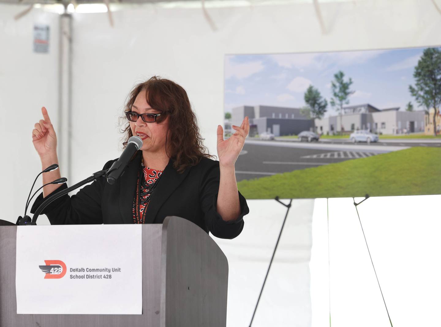 Minerva Garcia-Sanchez, DeKalb School District 428 superintendent, speaks Thursday, April 11, 2024, during the groundbreaking ceremony for Dr. Leroy A. Mitchell Elementary School. The school will be located at 1240 Normal Road in DeKalb.