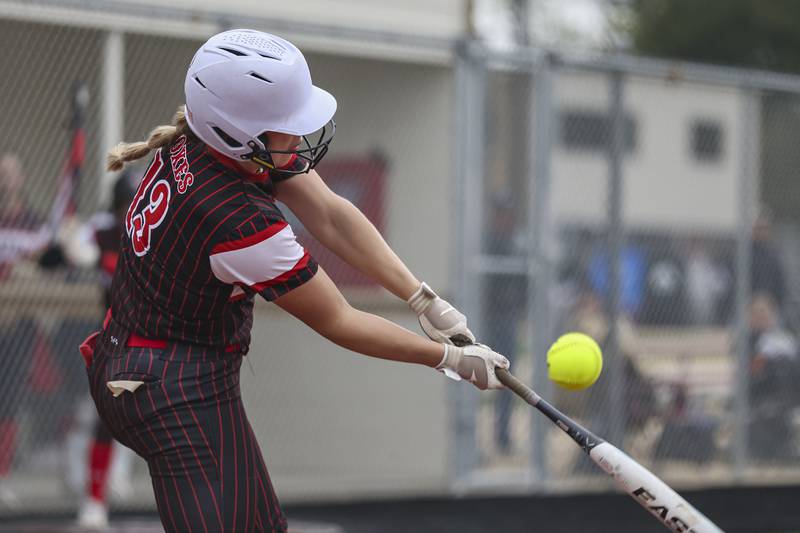 Yorkville's Ellie Fox (13) fouls off a pitch during softball game between Joliet West at Yorkville on Wednesday, April 30, 2025 in Yorkville.