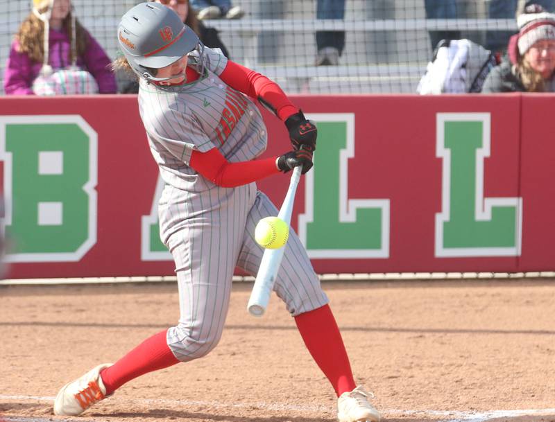 L-P's Mackenzie Chamberlain makes contact with the ball against Morris on Monday, April 7, 2025 at the L-P Athletic Complex in La Salle.