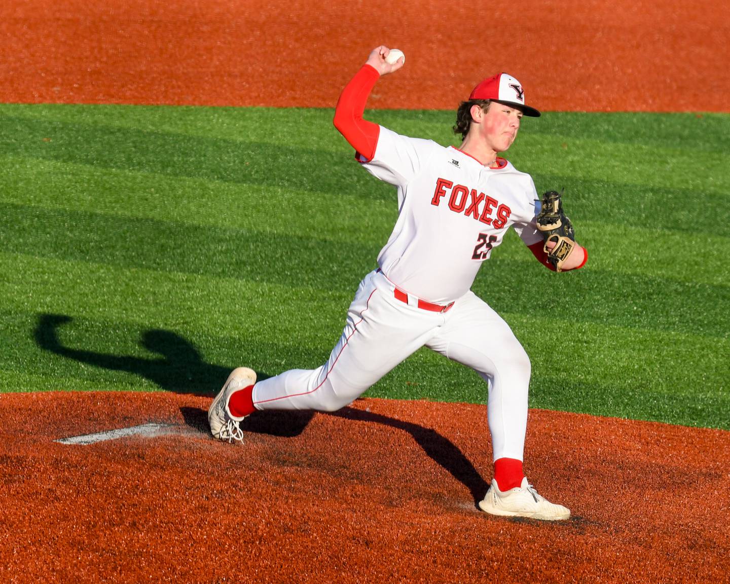 Yorkville's Preston Regnier (25) pitches during the game on Tuesday April 8, 2025, while taking on Joliet West held at Yorkville High School.