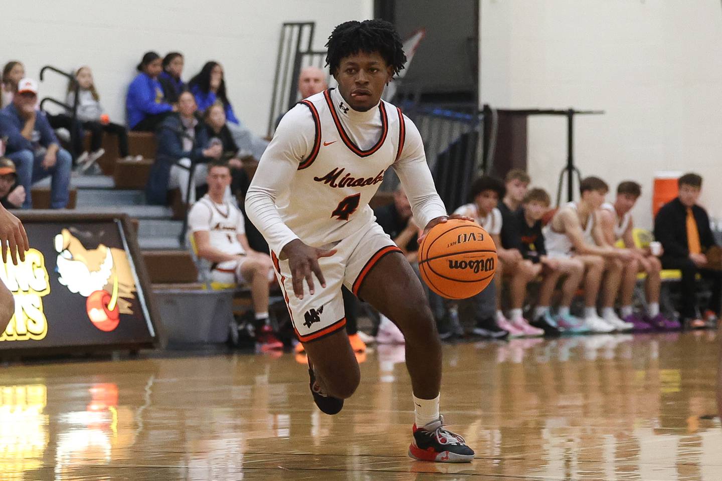 Minooka’s Jayden Acuna looks to make a play against Plainfield Central in the 2024 WJOL Thanksgiving Classic on Wednesday, Nov. 27, 2024 in Joliet.