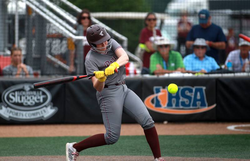 Lockport's Liliana Janeczko gets a hit during a IHSA Class 4A state semifinal game against Barrington on Friday, June 13, 2025 at the Louisville Slugger Sports Complex in Peoria.