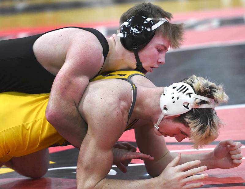 Byron's Brody Stien (top) and Lena-Winslow's John Mensendike wrestle at 175 pounds for first place at the 1A Stillman Valley Sectional on Saturday, Jan. 31, 2026 at Stillman Valley High School.