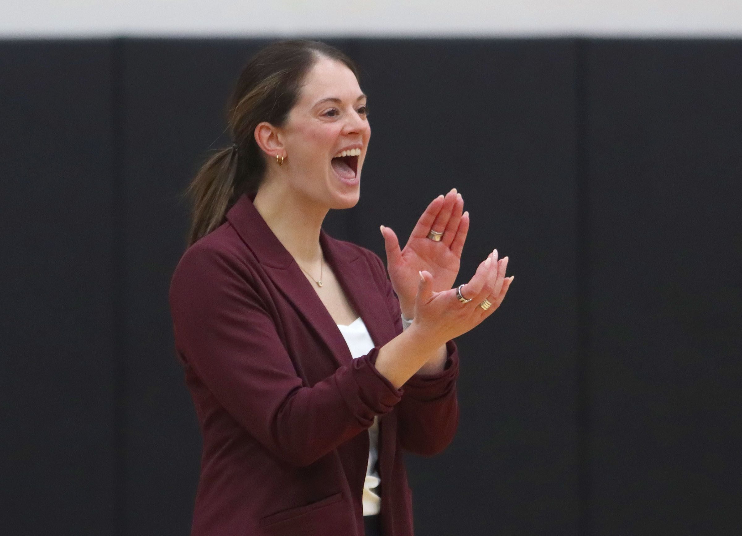 Prairie Ridge’s Head Coach Leah Groat guides the Wolves against St. Viator in IHSA Class 3A Super-Sectional girls volleyball at Streamwood High School in Streamwood on Monday, November 10, 2025.