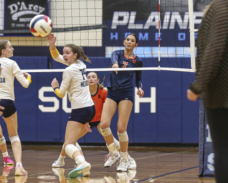 Oswego's Hannah Herrick (7) watches one of her kills during Class 4A Regional Final volleyball match between Neuqua Valley at Oswego.  Oct 30, 2025 in Plainfield.