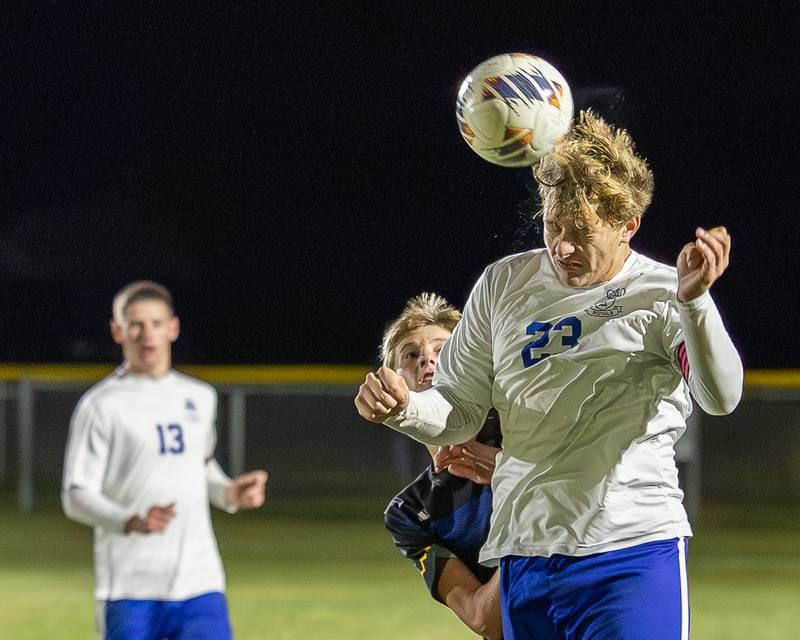 Luke Badal (23) of Hinckley-Big Rock headers ball during the Little Ten Conference Championship match on Thursday, Oct. 9, 2025 at Hinckley-Big Rock School in Hinckley.