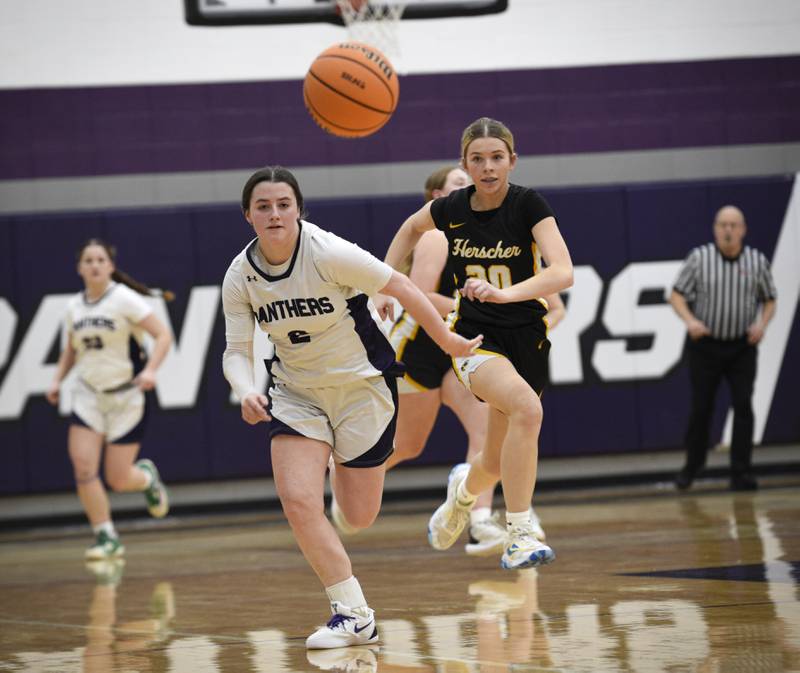 Manteno's Lila Prindeville leads on a break away as Herscher's Izabella Woods, background, follows in a game in Manteno on Thursday, January 15, 2026.