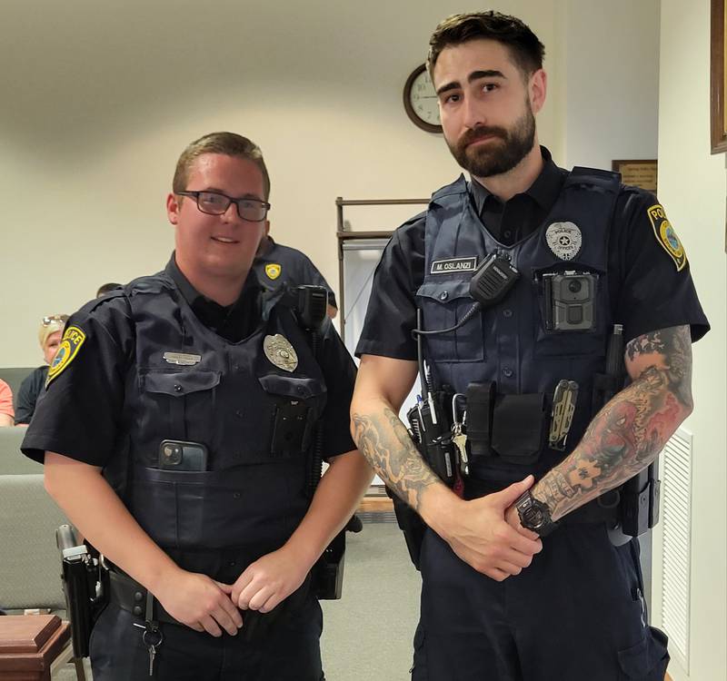 The Spring Valley Police Department's newest officers, Robert Pohar (left) and Michael Ozlanzi, were introduced to the Spring valley City Council on Monday night.