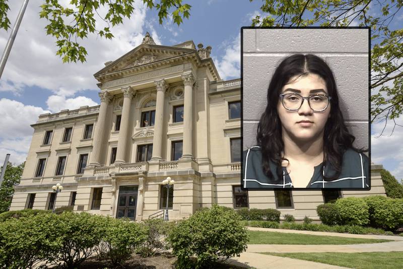 Lucia Romero, 21, of Belvidere pleaded guilty Aug. 16, 2023 in front of DeKalb County Circuit Court Judge Philip Montgomery to failure to report an accident that resulted in the August 2022 death of Concepcion Ortega, 59, of Genoa. (Inset photo provided by DeKalb County Jail)