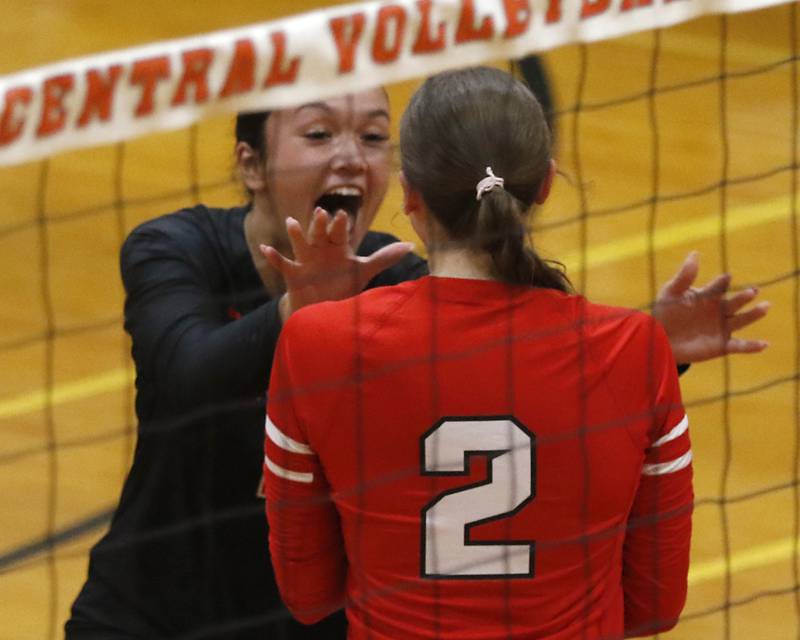Huntley's Sophia Tocmo celebrates a point with Huntley's Rachael Hein during a Fox Valley Conference volleyball match against Crystal Lake Central on Tuesday,Aug. 26, 2025, at Crystal Lake Central High School.