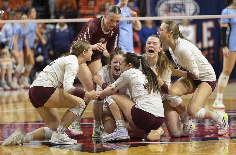 Prairie Ridge celebrates their win against DePaul College Prep Saturday, Nov. 16, 2024, in the Class 3A third place state volleyball match at CEFCU Arena in Normal.