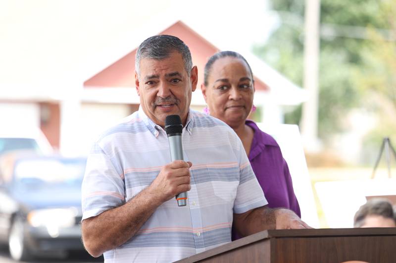 5th Ward Alderman Victor Nevarez speaks alongside Kankakee 5th Ward Alderwoman Carmen Lewis during the West Harbor Residences ribbon cutting and street dedication ceremony on Wednesday, July 23, 2025.