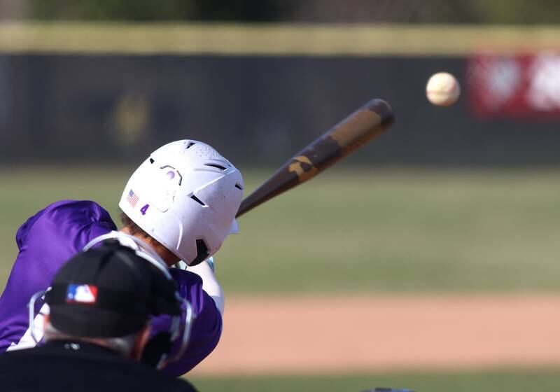 Hampshire’s Nathan Kolder connects for a single in varsity baseball on Wednesday, April 16, 2025, at Prairie Ridge High School in Crystal Lake.
