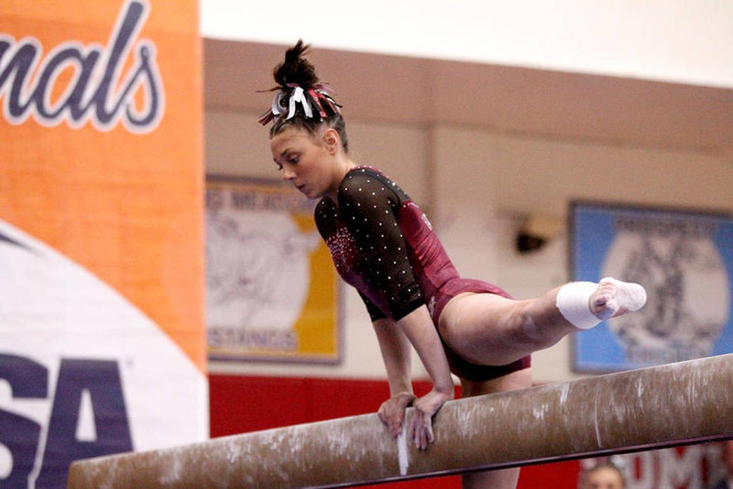Prairie Ridge co-op's Gabby Riley competes on the balance beam during the 2020 IHSA State Gymnastics Individual Finals at Palatine High School on Feb. 22.