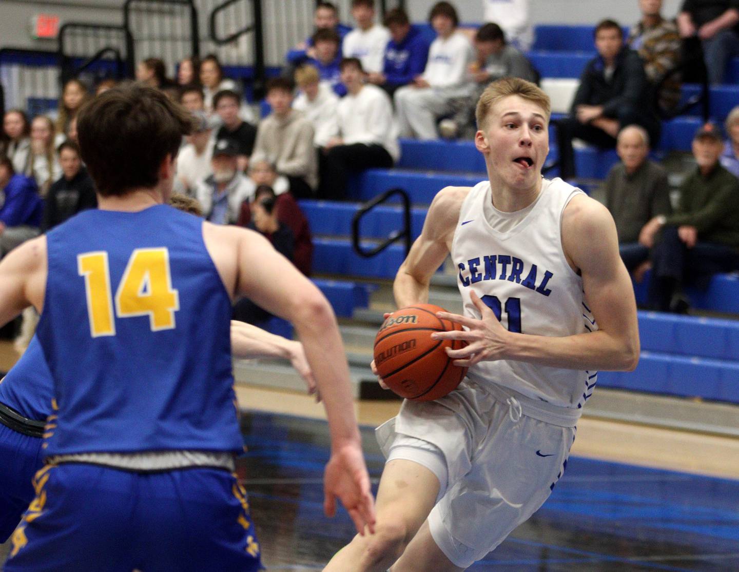 Burlington Central’s Drew Scharnowski drives against Lyons Twp. during Dr. Martin Luther King, Jr., Boys Basketball Tournament title game action at Burlington Monday. Lyons claimed the title with a 60-57 win.