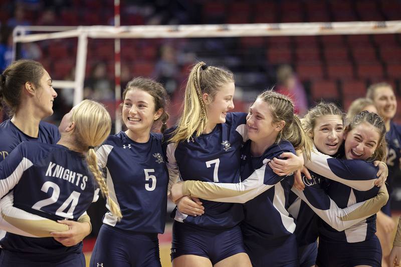 IC Catholic celebrates their three set win Friday, Nov. 11, 2022 during a class 2A semifinal volleyball game against Freeburg. The Knights will face Genoa-Kingston in the championship game.