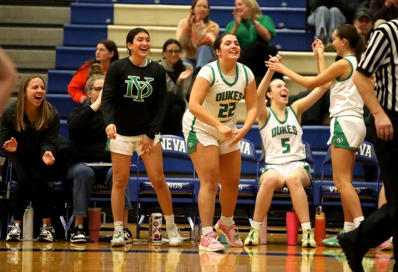 York players celebrate during a 4A Geneva Regional semifinal game against Geneva on Tuesday, Feb. 18, 2025 in Geneva.