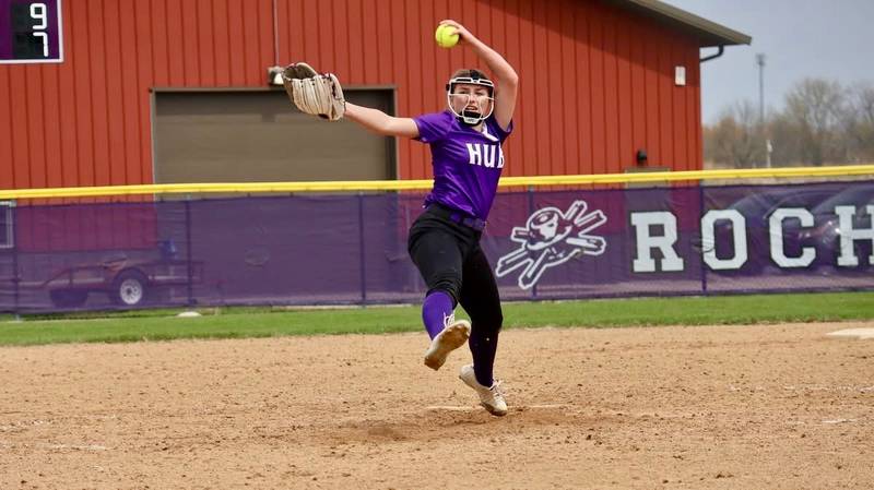 Rochelle's Chloe Escatel delivers a pitch during the Hubs' game with Rockford Boylan. Escatel threw the final two innings and struck out six.