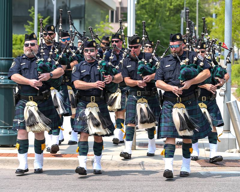 The Joliet Pipes and Drums arrive at the annual memorial service for fallen police officers. May 18, 2023.
