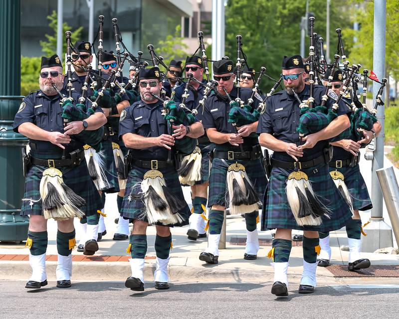 The Joliet Pipes and Drums arrive at the annual memorial service for fallen police officers. May 18, 2023.