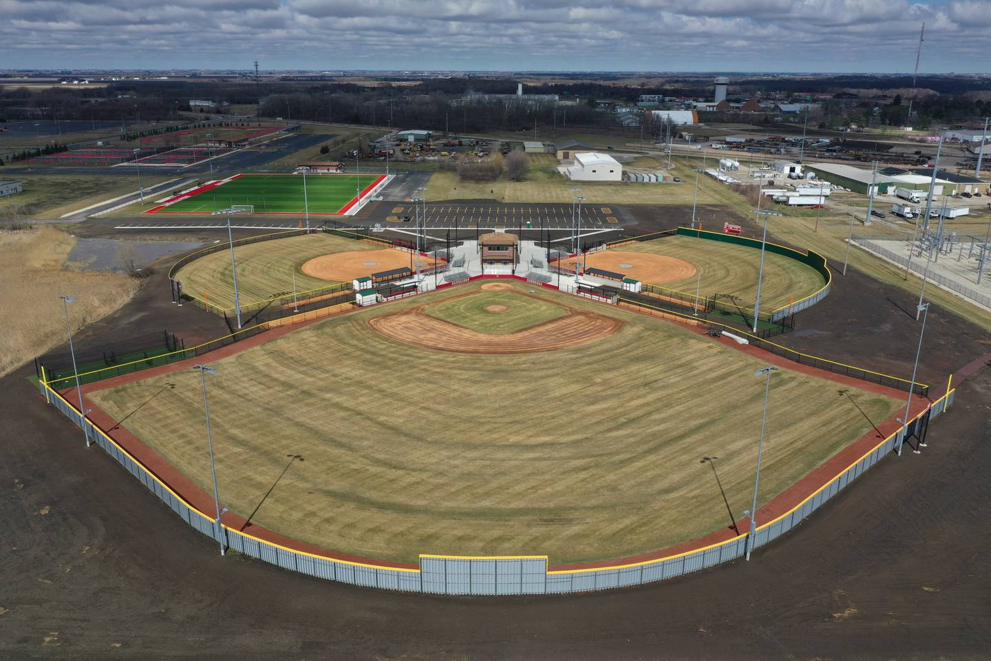 An aerial view of the baseball and softball fields at La Salle-Peru Township High School Athletic Complex on Wednesday, March 6, 2024 in La Salle.  In March of 2023,  L-P announced a $9.5 million addition/renovation to its sports complex. The project included an addition of a baseball field, two softball fields and four tennis courts; the installation of artificial turf on the soccer field; the expansion of parking; the addition of restrooms in the soccer building; and construction near the baseball/softball fields that will include a concession stand, press box and restrooms.