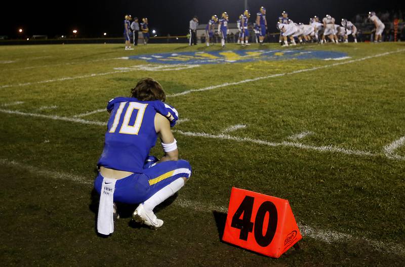 Johnsburg's Cade Piggott watches the final moments of Johnsburg’s loss to Rochelle in a IHSA Class 4A second round playoff football game Friday, Nov. 4, 2022, at Johnsburg High School in Johnsburg.