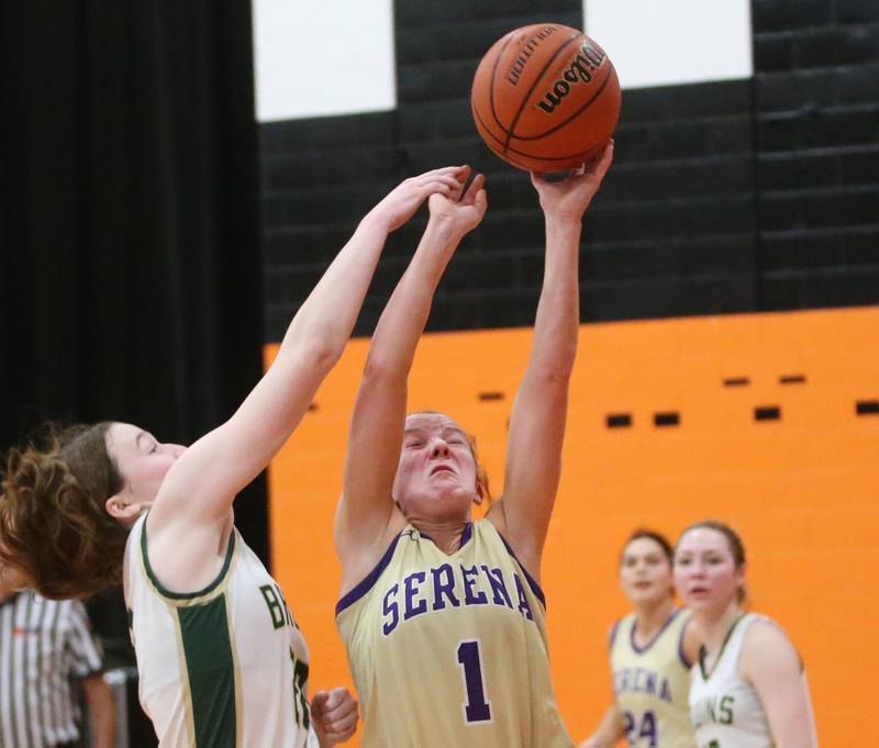 Serena's Gwen O'Connell eyes the hoop over St. Bede's Lili McClain during the Class 1A Sectional final game on Thursday, Feb. 22, 2024 at Gardner-South Wilmington High School.