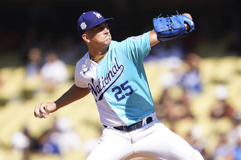 National League starting pitcher Bobby Miller throws during the first inning of the MLB All-Star Futures Game, Saturday, July 16, 2022, in Los Angeles.
