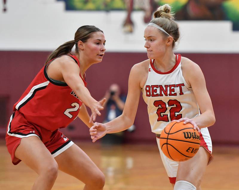 Benet’s Bridget Rifenburg (22) drives past Marist’s Olivia Barsch during the Montini Christmas Tournament championship game on December 27, 2025 at Montini Catholic High School in Lombard.