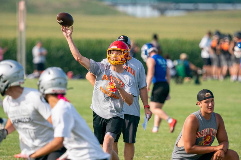 Batavia’s Ryan Boe throws a pass during a 7 on 7 football scrimmage at Kaneland High School in Maple Park on Tuesday, Jul 27, 2021.