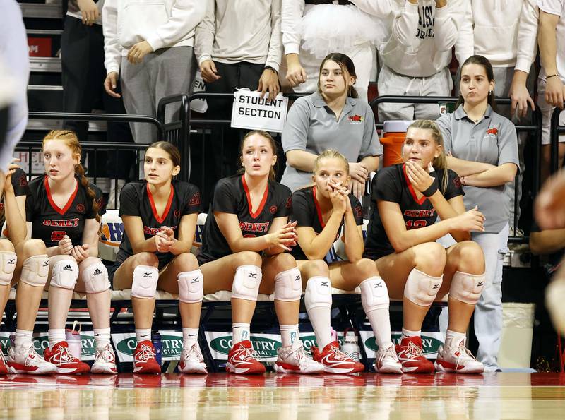 Benet Academy watches during the last points of the IHSA Class 4A girls volleyball championship match Saturday, Nov. 16, 2024 at CEFCU Arena in Normal.