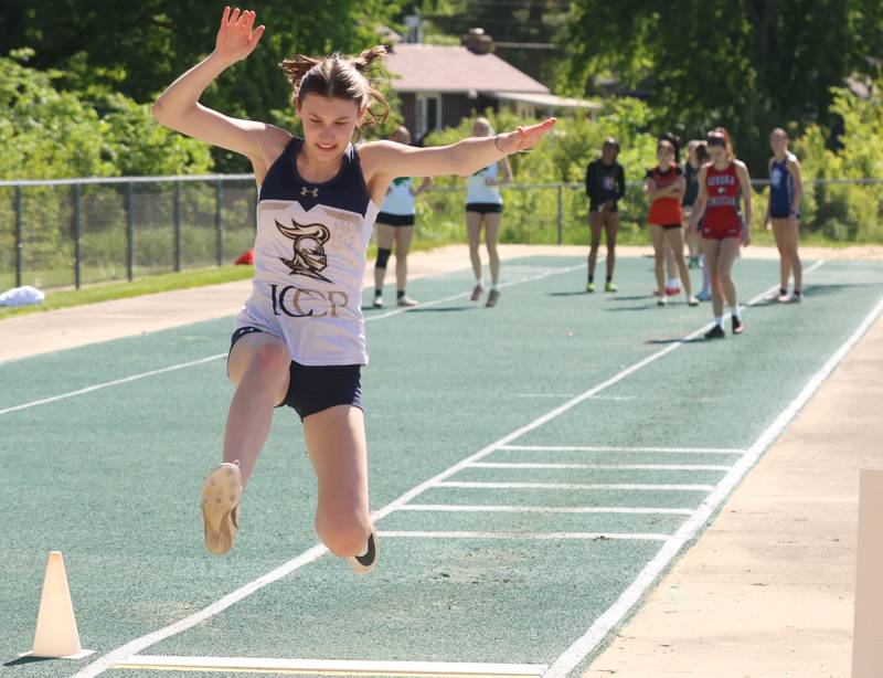 IC Catholic's Kathryn Anderson competes in the long jump during the Class 1A Sectional meet on Thursday, May 14, 2026 at Seneca High School.