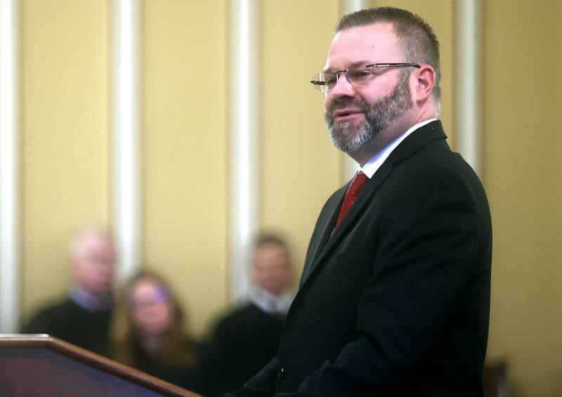 New DeKalb County State’s Attorney Riley Oncken speaks after being sworn into office by Chief Judge Bradley Waller Monday, Dec. 2, 2024, at the DeKalb County Courthouse in Sycamore.