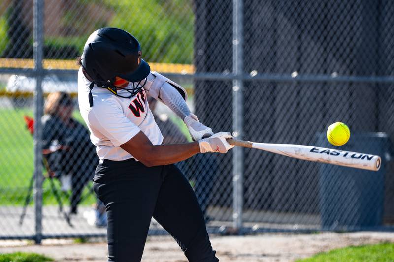 Lincoln-Way West's Olivia Calderone bats during a game against Plainfield Central on Friday May 3, 2024 at Lincoln-Way West in New Lenox