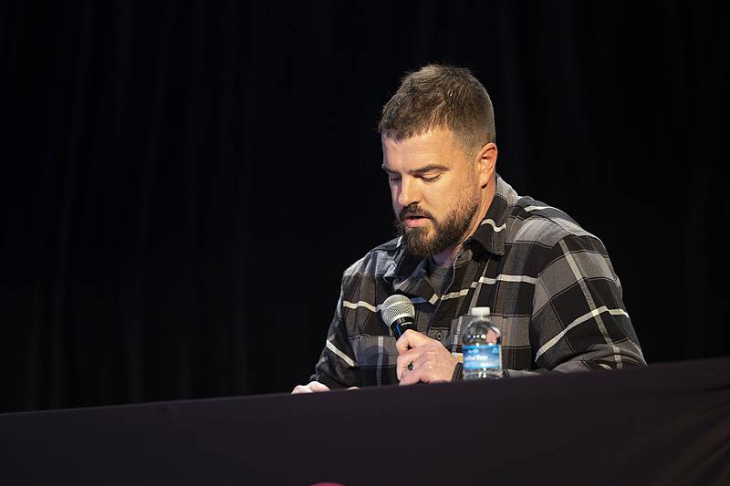 Cameron Magne introduces himself Tuesday, March 18, 2025, during a candidate forum in Dixon. Magne is running against Corey Reuter in the Dixon Township Highway Commissioner race.