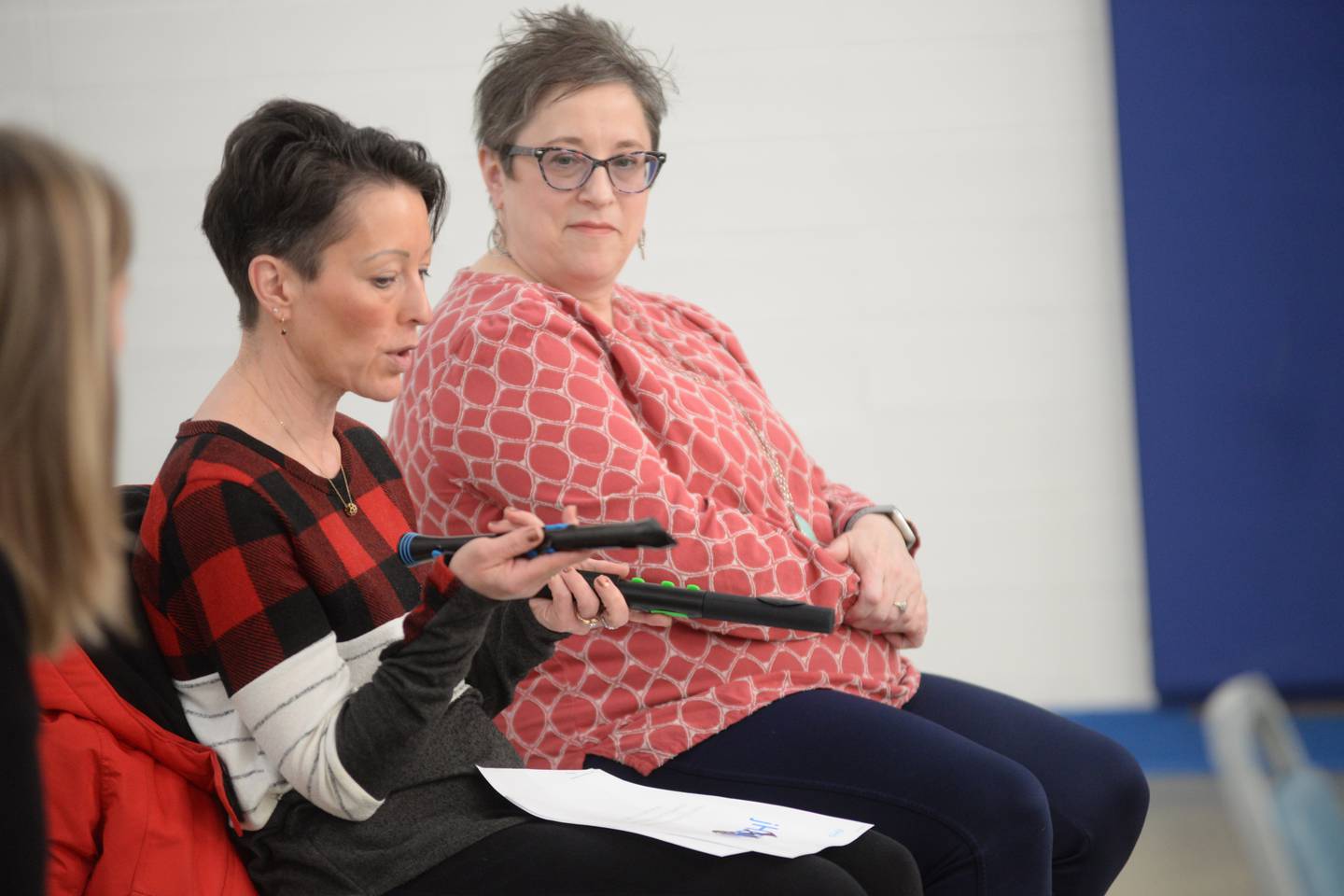 Amy Schwamberger of Amboy Elementary School talks about the pre-band instruments she will be purchasing for young musicians in her school after receiving one of the The Maggie & Amos Foundation grants on Thursday, Feb. 15, 2024 at the Chana Education Center. Also pictured is Debra Cleary of Amboy High School, another grant recipient. Maggie was a teacher at the school when she and her son, Amos, suddenly died in 2019. The Foundation was formed to honor Maggie and Amos while helping area educators and their students.