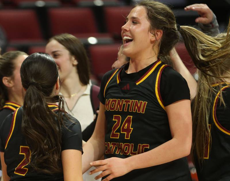 Montini's Peyton Farrell reacts after defeating Quincy Notre Dame during the Class 3A State semifinal game on Thursday, March 6, 2025 at CEFCU Arena in Normal.