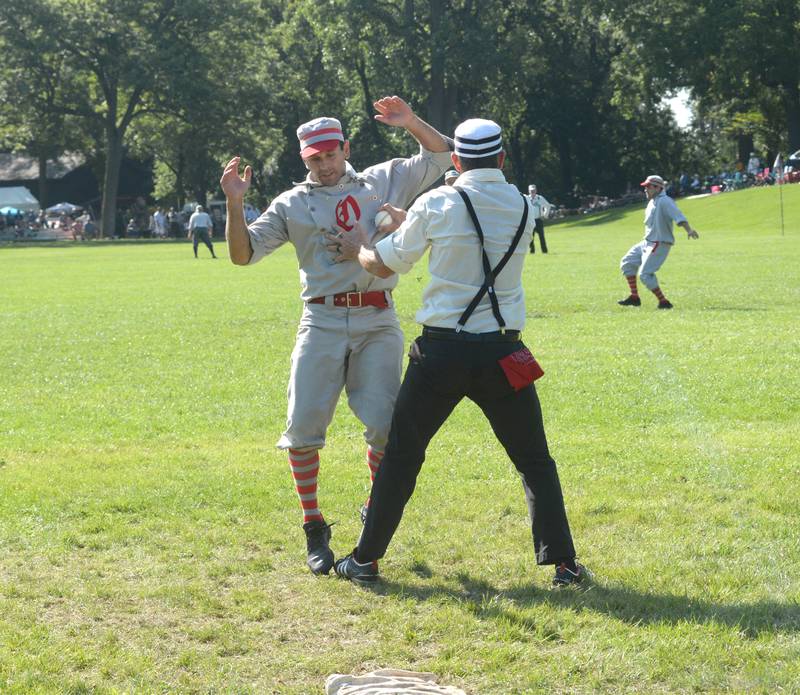 Ganymede Mike Benesh gets tagged out a third by a Rochester Grainger on Sunday, Aug. 1, 32023 at the 20th Annual World Tournament of Historic Base Ball.