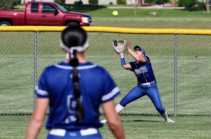 Princeton right fielder Addi Parry camps under a fly ball in Thursday''s regional semifinals at Prather Field. The Tigresses beat Sandwich 9-6.