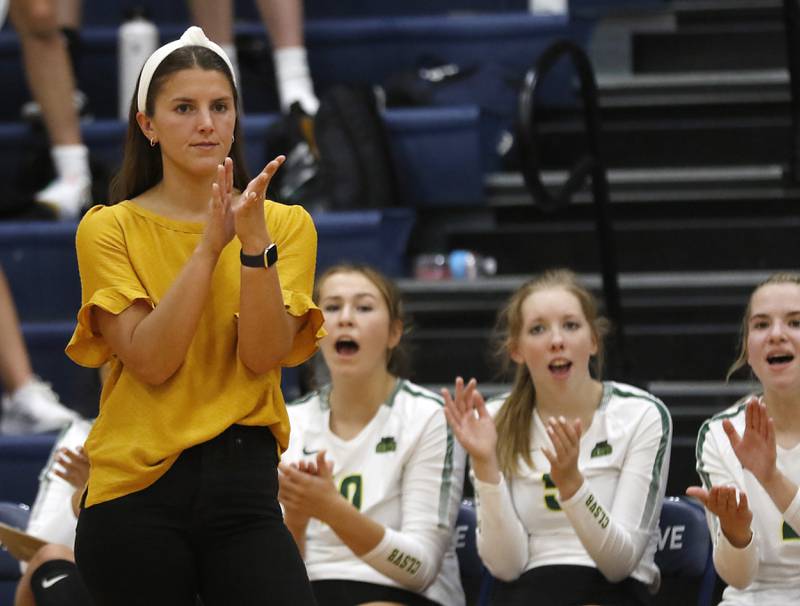 Crystal Lake South first year head coach Annie Moore cheers for her team during a Fox Valley Conference volleyball match Thursday, Aug. 25, 2022, between Cary-Grove and Crystal Lake South at Cary-Grove High School.