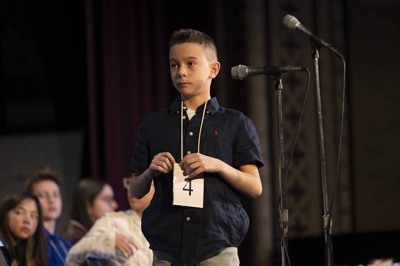 Alim Redzepi of Washington Elementary School competes Thursday, Feb. 19, 2026, during the Lee-Ogle-Whiteside County Regional Spelling Bee. Redzepi missed in round 7 on the word congeniality.