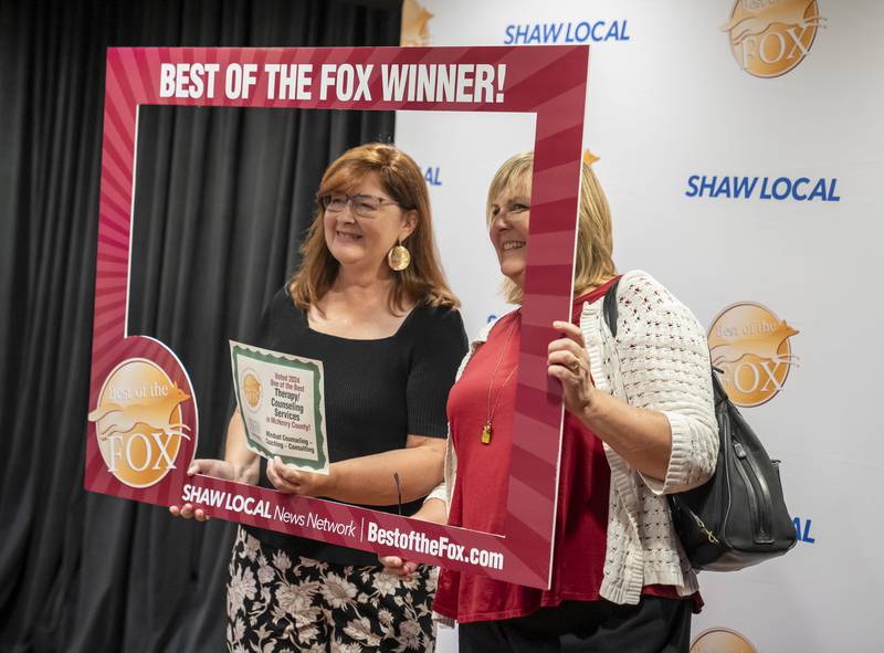 Co-Founders Jean Des Biens, left, and Jill McCutcheon of Mindset Counseling in Crystal Lake, celebrate their award during the Northwest Herald Best of the Fox awards ceremony on Thursday, September 19, 2024 at Lou's Lounge at the Dole Mansion in Crystal Lake. Ryan Rayburn for Shaw Local