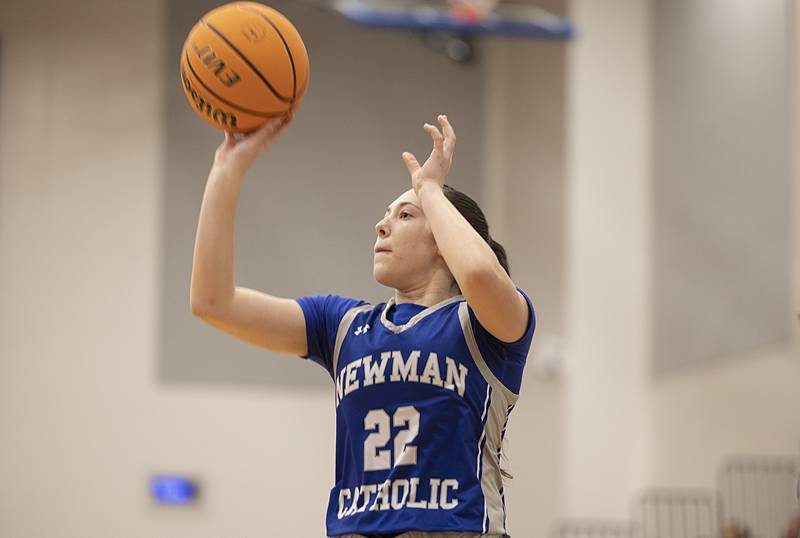 Newman’s Anna Propheter puts up a shot against Wethersfield Thursday, Feb. 26, 2026, in the Class 1A sectional semifinal at Eastland.