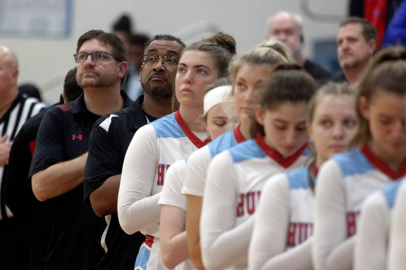 Marian Central’s Hurricanes line up to face Rockford Guilford in varsity girls basketball Saturday at Landers Pavilion on the campus of Marian Central High School in Woodstock.